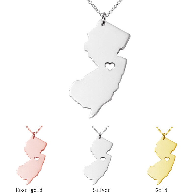 USA State Map Pendant Necklace Jersey Heart Charm Stainless Steel Necklace Link Chain Women Wonderful Jewelry