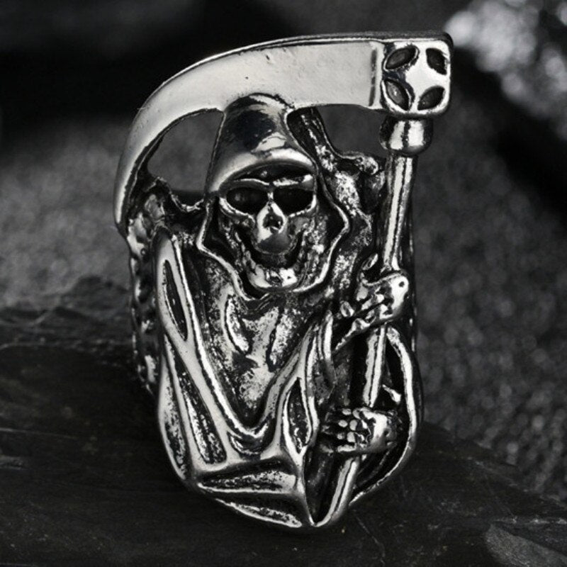 Vintage Death Hip Hop Punk Rock Alloy Silvery Ring for Men Women  Grim Reaper Sickle Rings Jewelry