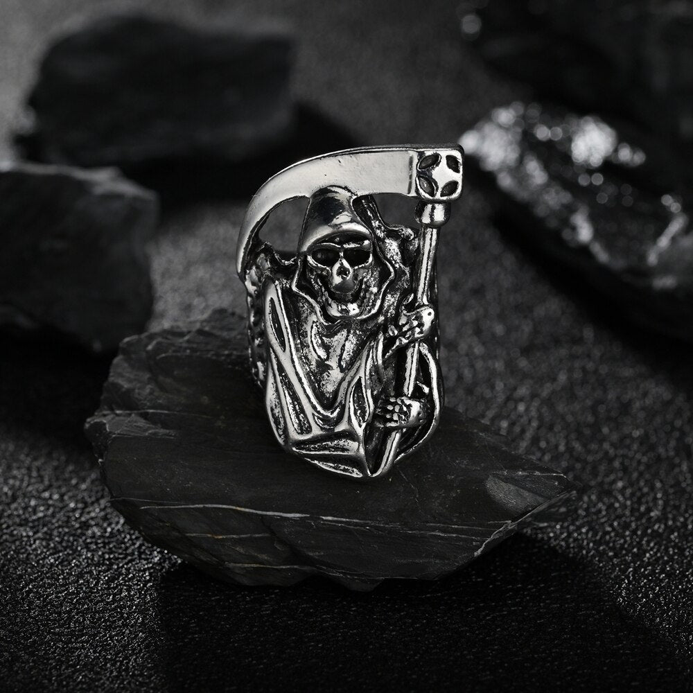 Vintage Death Hip Hop Punk Rock Alloy Silvery Ring for Men Women  Grim Reaper Sickle Rings Jewelry