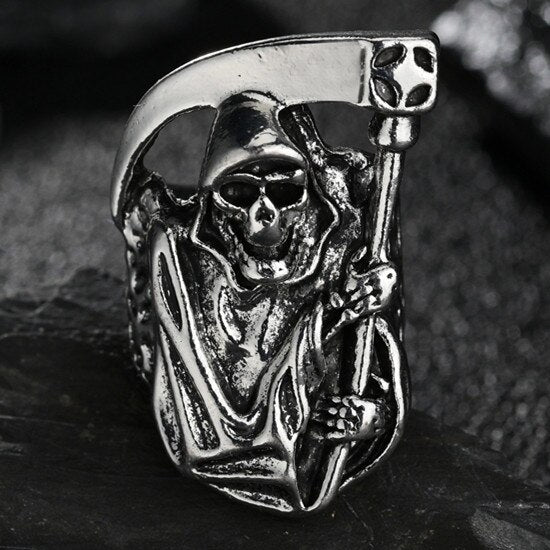 Vintage Death Hip Hop Punk Rock Alloy Silvery Ring for Men Women  Grim Reaper Sickle Rings Jewelry