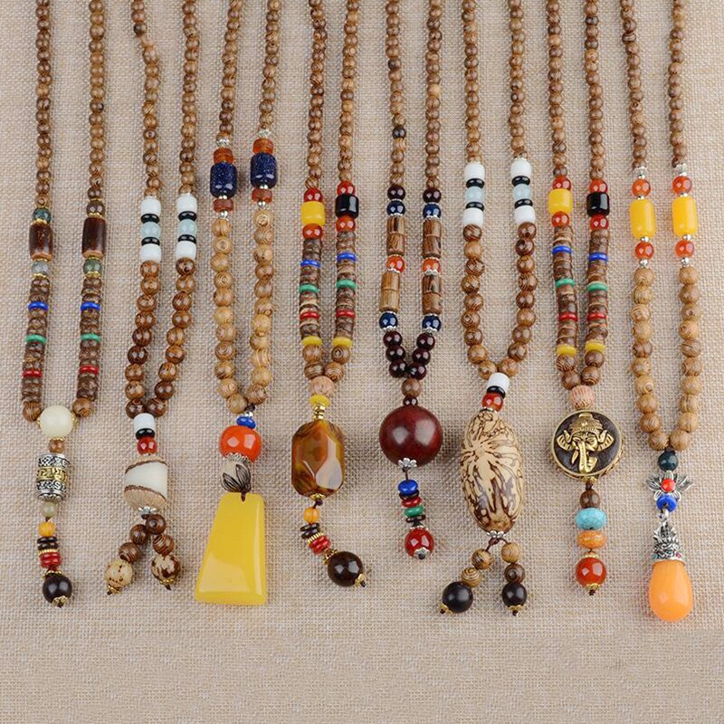 Vintage Long Buddhist Wood Beaded Pendant &amp; Necklace Ethnic Bohemian Boho Buddha Lucky Jewelry for Women Men