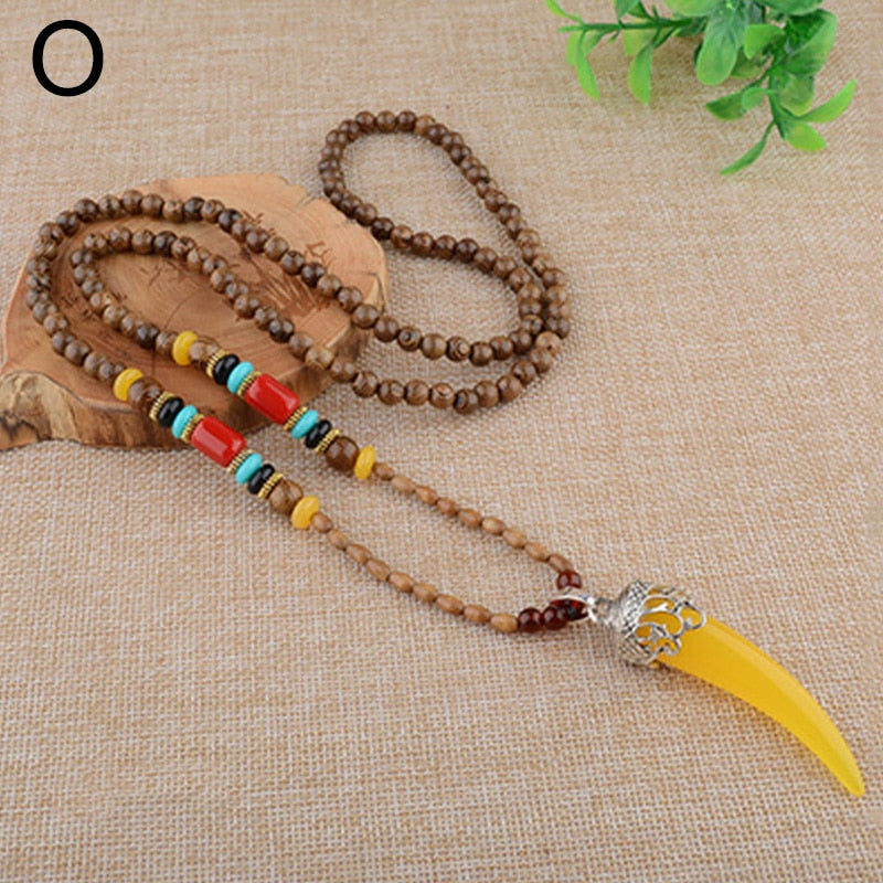Vintage Long Buddhist Wood Beaded Pendant &amp; Necklace Ethnic Bohemian Boho Buddha Lucky Jewelry for Women Men
