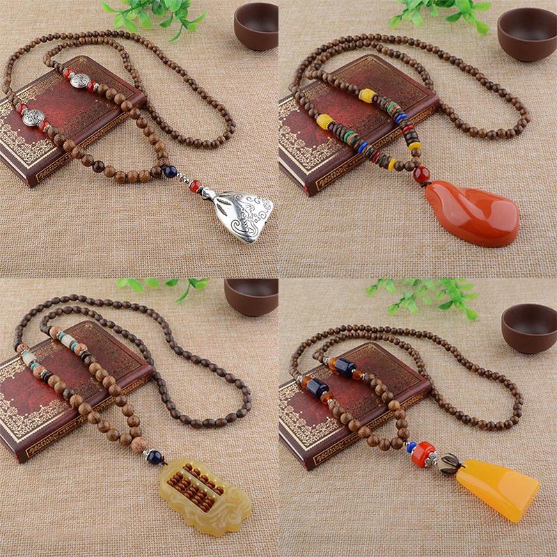 Vintage Long Buddhist Wood Beaded Pendant &amp; Necklace Ethnic Bohemian Boho Buddha Lucky Jewelry for Women Men