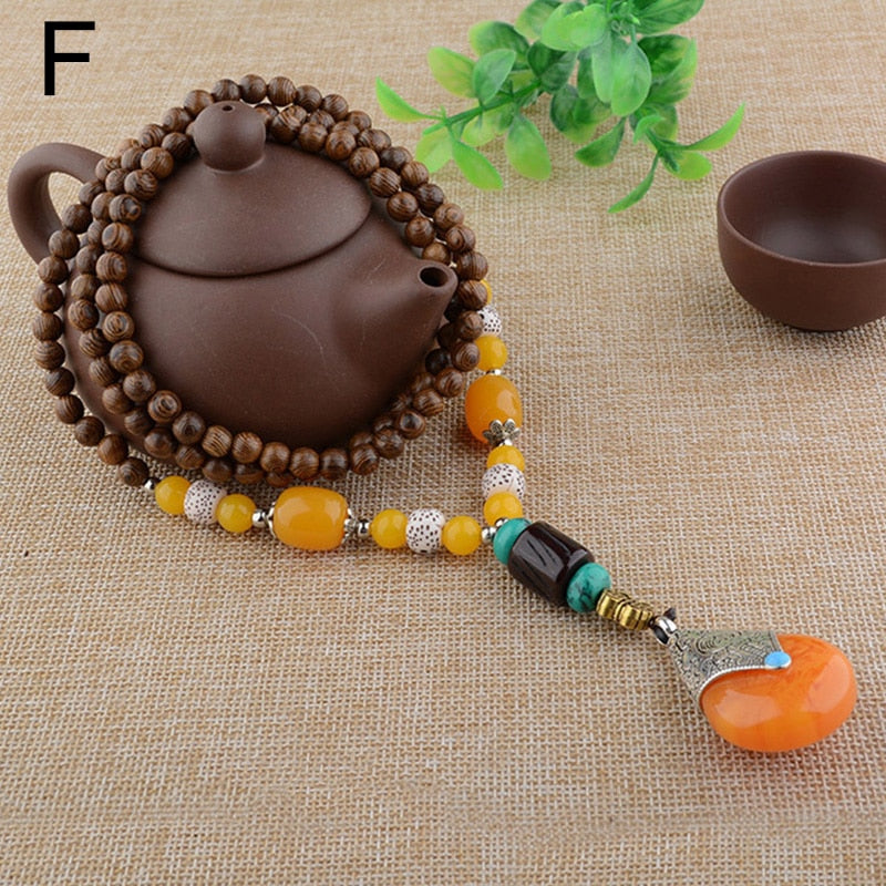 Vintage Long Buddhist Wood Beaded Pendant &amp; Necklace Ethnic Bohemian Boho Buddha Lucky Jewelry for Women Men