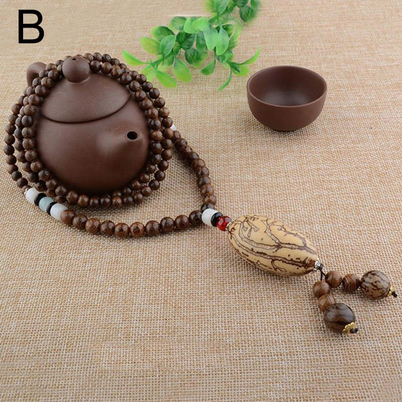 Vintage Long Buddhist Wood Beaded Pendant &amp; Necklace Ethnic Bohemian Boho Buddha Lucky Jewelry for Women Men