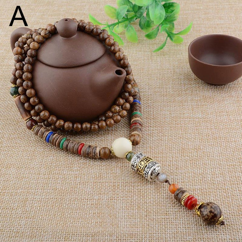 Vintage Long Buddhist Wood Beaded Pendant &amp; Necklace Ethnic Bohemian Boho Buddha Lucky Jewelry for Women Men