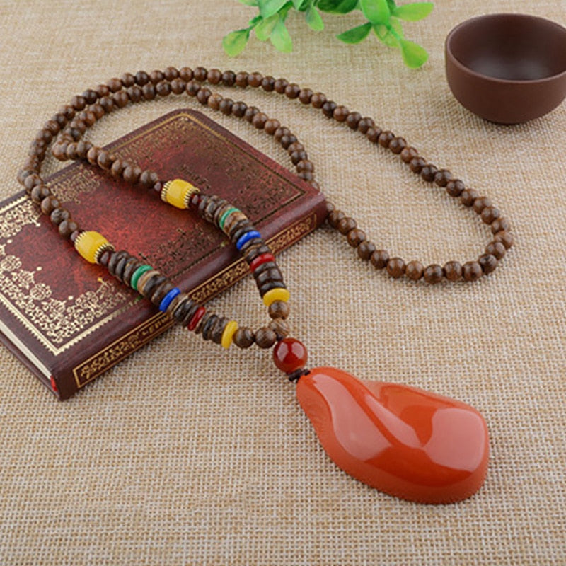 Vintage Long Buddhist Wood Beaded Pendant &amp; Necklace Ethnic Bohemian Boho Buddha Lucky Jewelry for Women Men