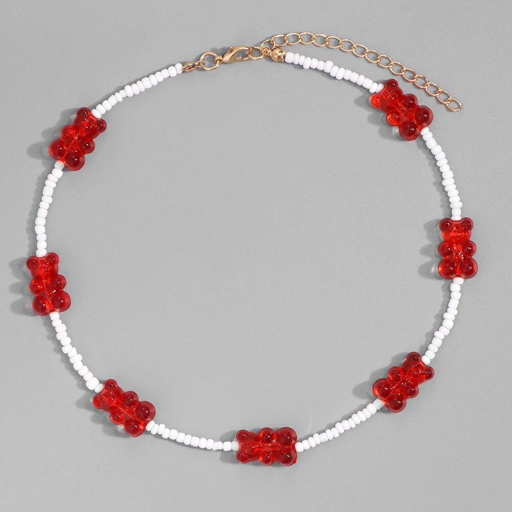 Women Necklace Colorful Beads Cartoon Bear Handmade Choker Candy Color Female Chain necklace Jewelry Accessories