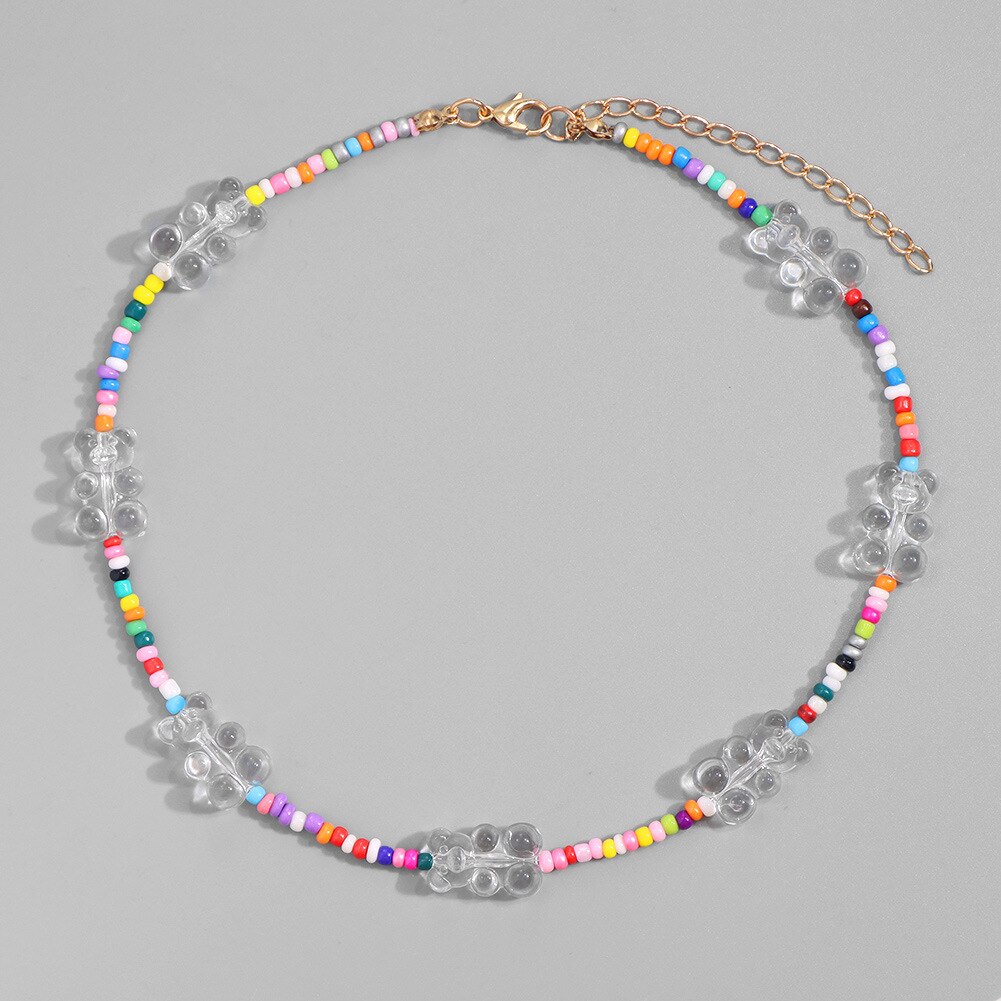 Women Necklace Colorful Beads Cartoon Bear Handmade Choker Candy Color Female Chain necklace Jewelry Accessories