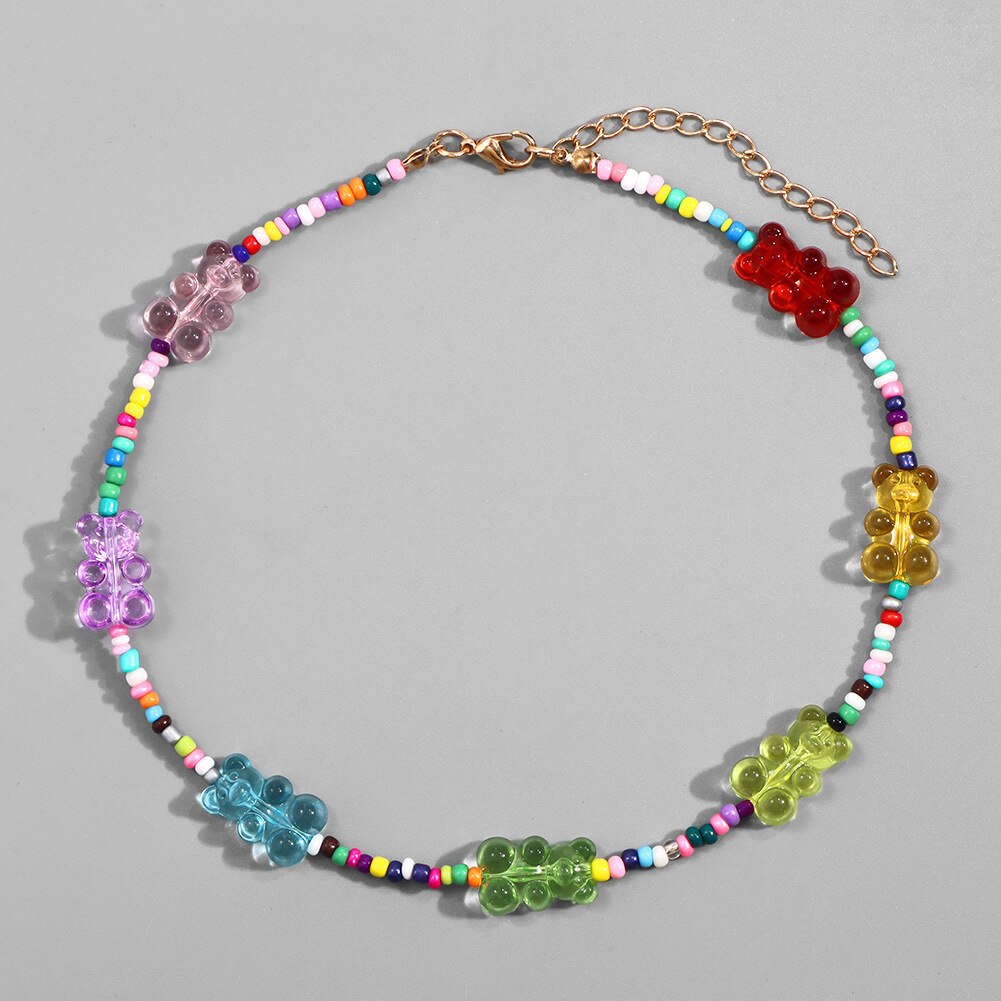 Women Necklace Colorful Beads Cartoon Bear Handmade Choker Candy Color Female Chain necklace Jewelry Accessories