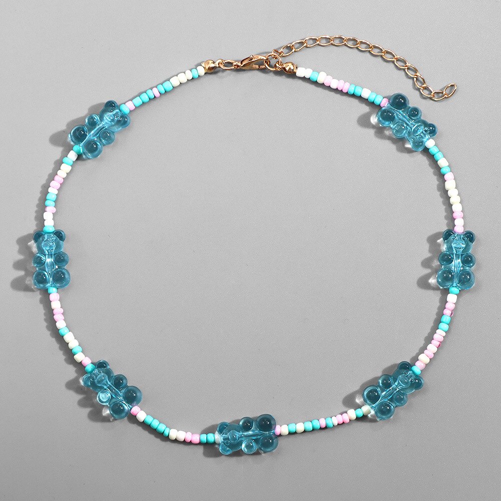 Women Necklace Colorful Beads Cartoon Bear Handmade Choker Candy Color Female Chain necklace Jewelry Accessories