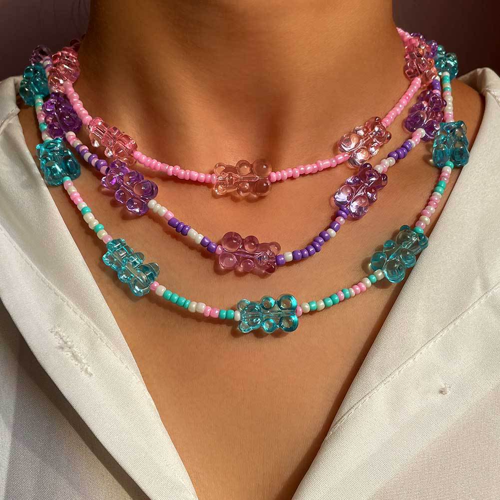 Women Necklace Colorful Beads Cartoon Bear Handmade Choker Candy Color Female Chain necklace Jewelry Accessories