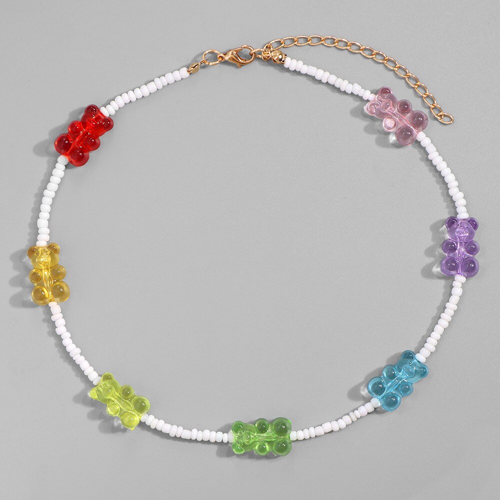 Women Necklace Colorful Beads Cartoon Bear Handmade Choker Candy Color Female Chain necklace Jewelry Accessories