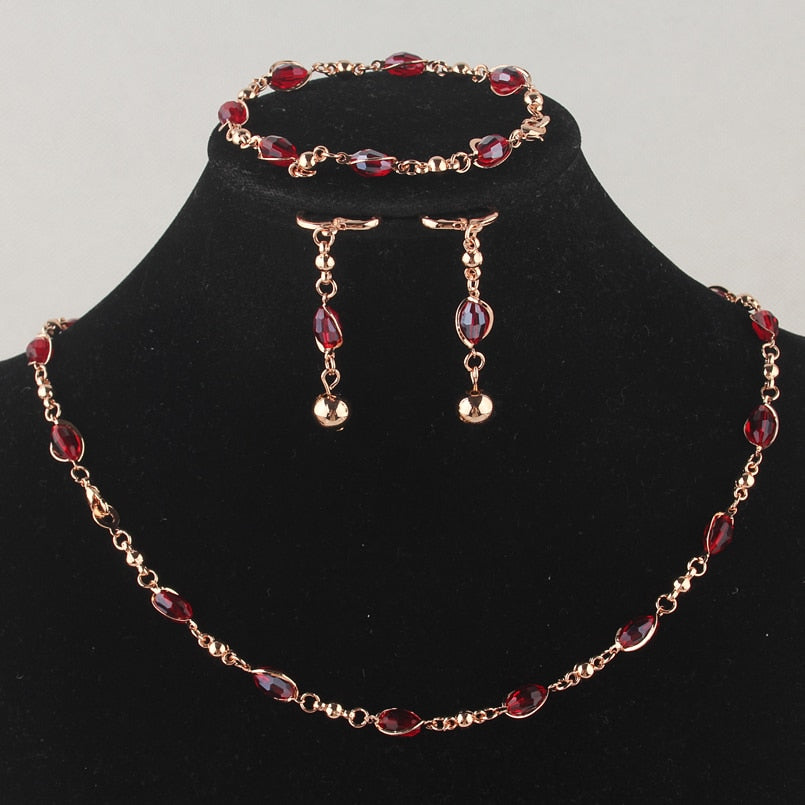New Fashion Women's Gold-color Red Austrian Crystal Necklace Bracelet Earrings Bridal Jewelry Sets Gift