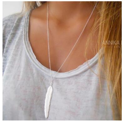 New Fashion womens vintage long necklace jewelry silver gold simple feather pendant necklaces colar Jewelry gifts drop shipping