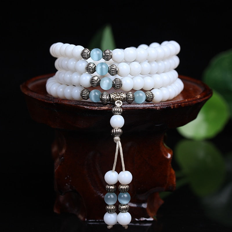 New Fine 6mm White Chalcedony Beads Tibetan Buddhist 108 Prayer Beads Bracelet Gourd Mala Prayer Bracelets For Meditation