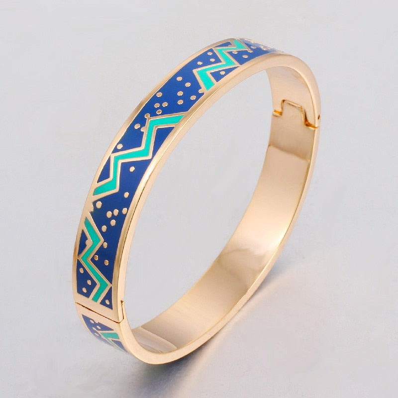 New Fine Jewelry Color Design Pattern Gold Opening Enamel Bracelet Bangle for Women Stainless Steel Bangles Ethnic Jewelry