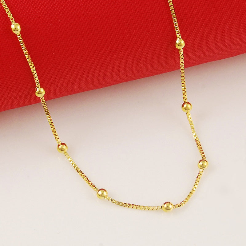 Genuine 24K Gold Necklace Plating Gold 45CM Box Chain Beaded Necklace Short Chain For Woman Charm Jewelry