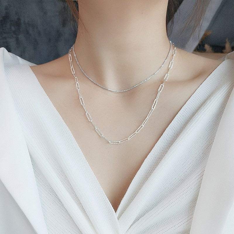 Geometric Rectangle Choker Silver Necklace Bright Flash Chain Fine Jewelry Women Clavicle Chain for Wedding