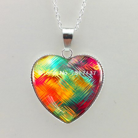 New Glass Dome Necklace Blue/Rainbow/Colorful/Purple/Red Heart Necklace Art Photo Glass Pendant Silver Heart Shaped Jewelry HZ3