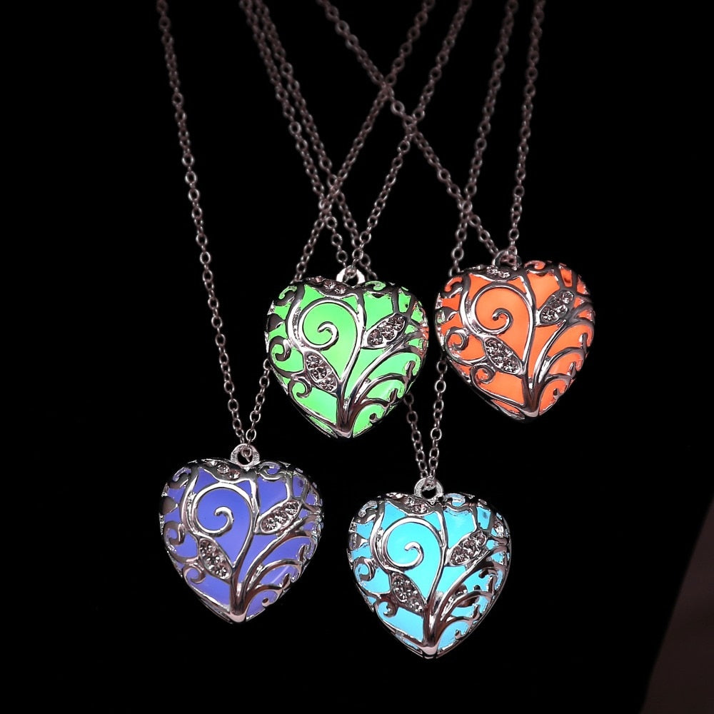 Glow In The Dark necklace Chocker Hollow Heart Locket Glowing Stone Pendant Stainless Steel Chain Necklace For Women