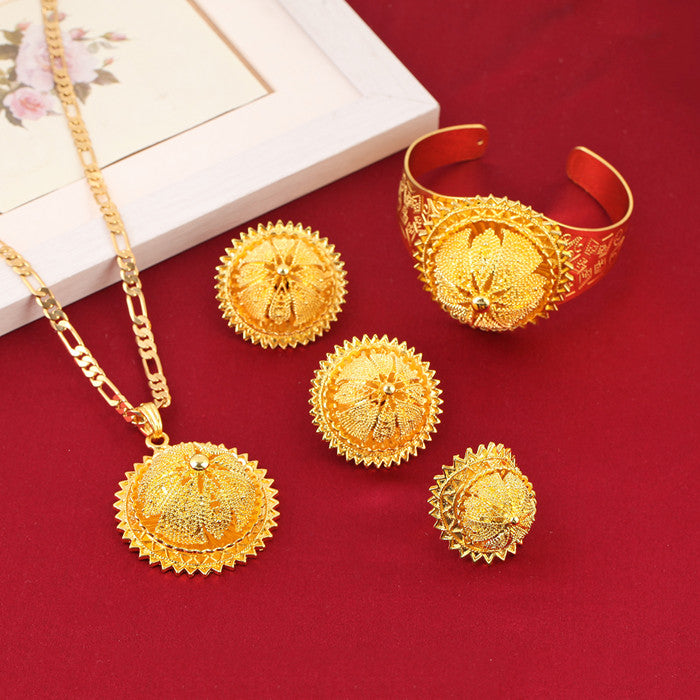 New Gold Color Bride Wedding Big Pendant Necklace Bangle Earring Ring Africa Eritrea Habesha Ethiopia Set