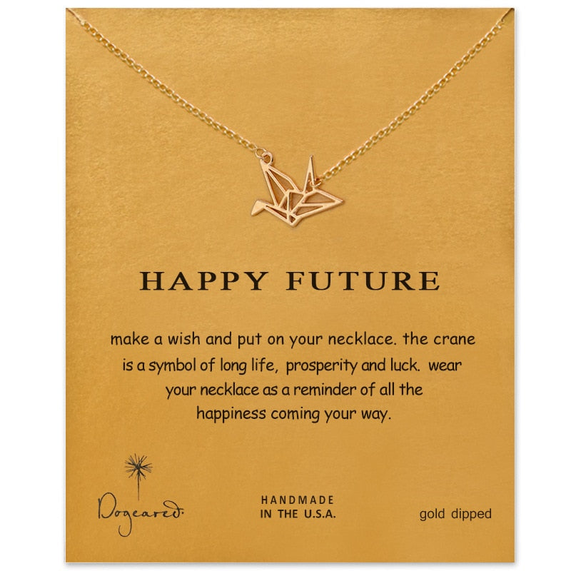 Gold Color Thousand Paper Cranes with Gift Card Hollow Out Dove Origami Pigeon Long Animal Necklace Bird Pendant Necklace
