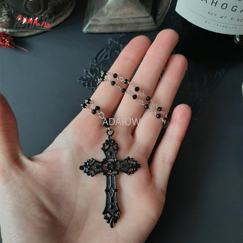 Goth Black Cross Rosary Necklace Chain Pendant Witchy Victorian Alternative Punk Witchy Statement Rock Jewelry Women Gift