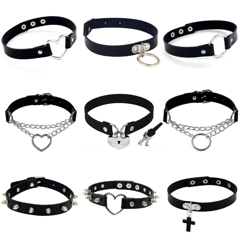 Gothic Punk Leather Choker Necklace For Women Teens Girls Rivet Heart Cross Collar Necklace Rock  Jewelry Gifts