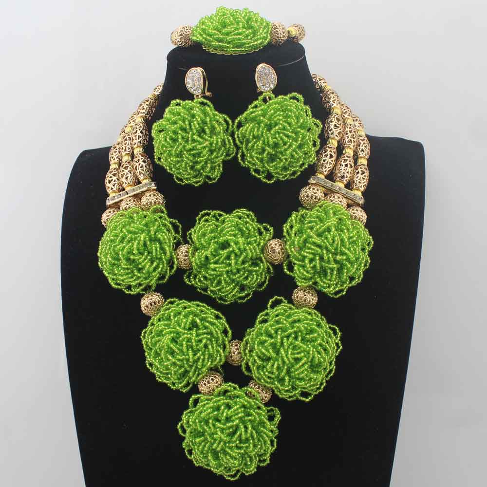 New Handmade Apple Green Nigerian Beaded Bib Necklace Set Chunky African Fashion Jewelry Set Bridal Jewelry Free ShipLK0033