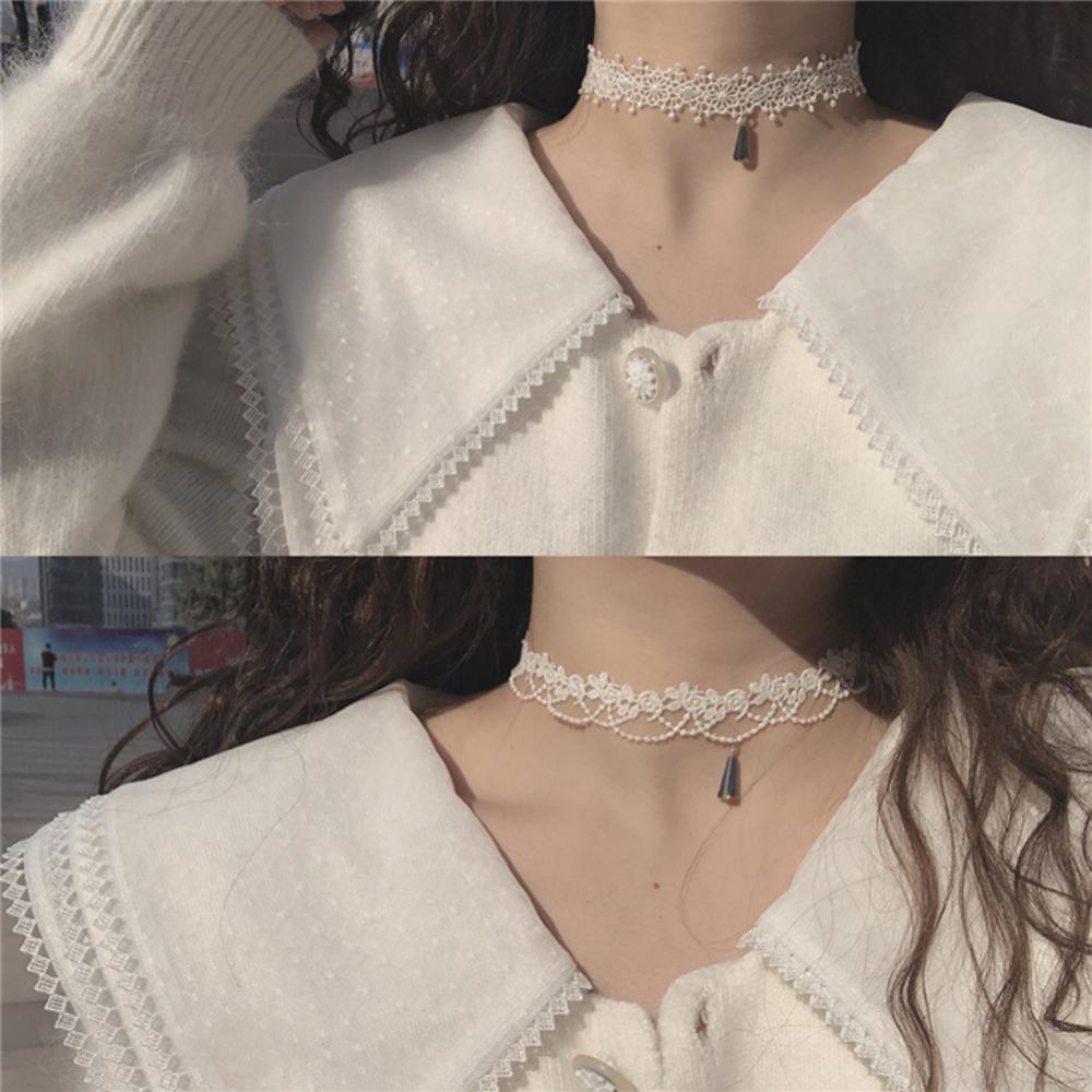 Handmade Summer Gothic handmade Clavicle Chain necklace white vintage lace Pearl Short choker necklace women jewelry
