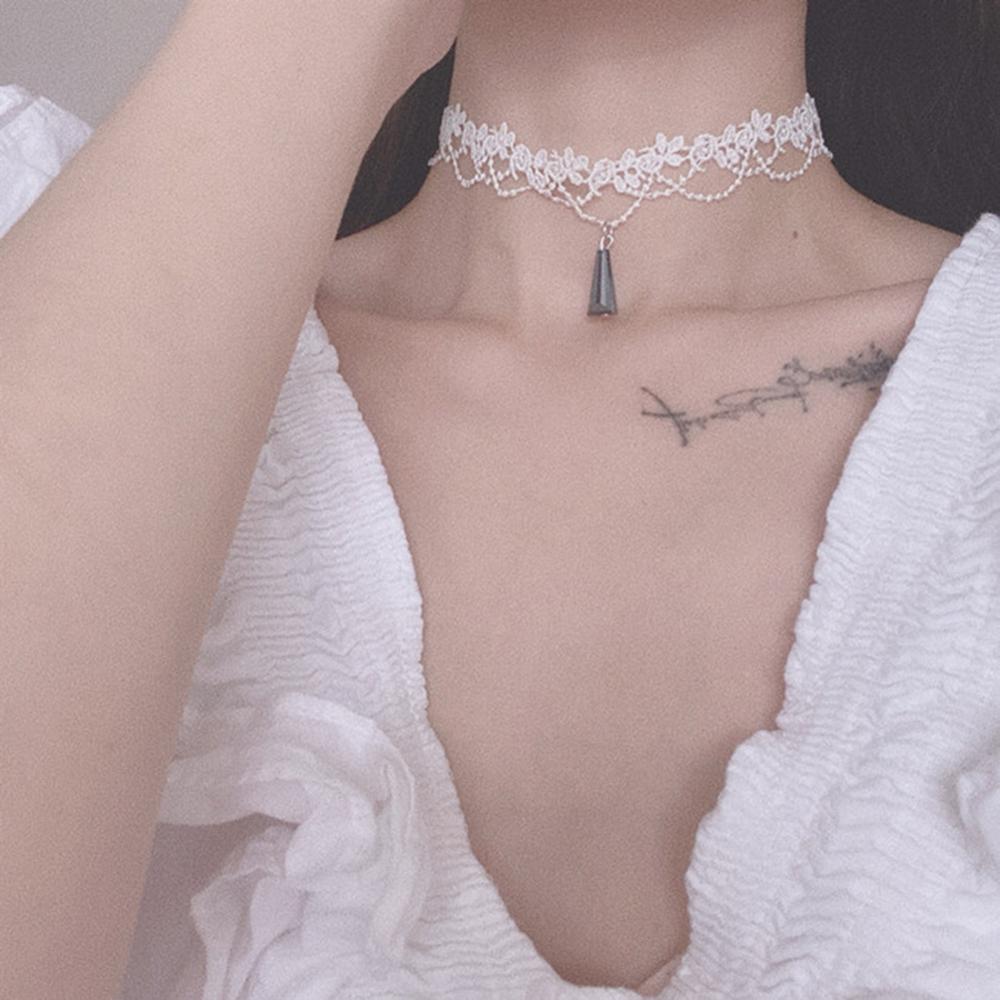 Handmade Summer Gothic handmade Clavicle Chain necklace white vintage lace Pearl Short choker necklace women jewelry