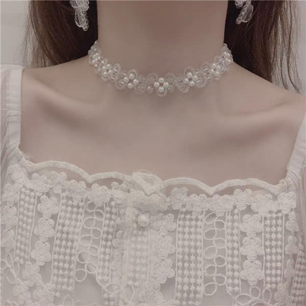 Handmade Summer Gothic handmade Clavicle Chain necklace white vintage lace Pearl Short choker necklace women jewelry