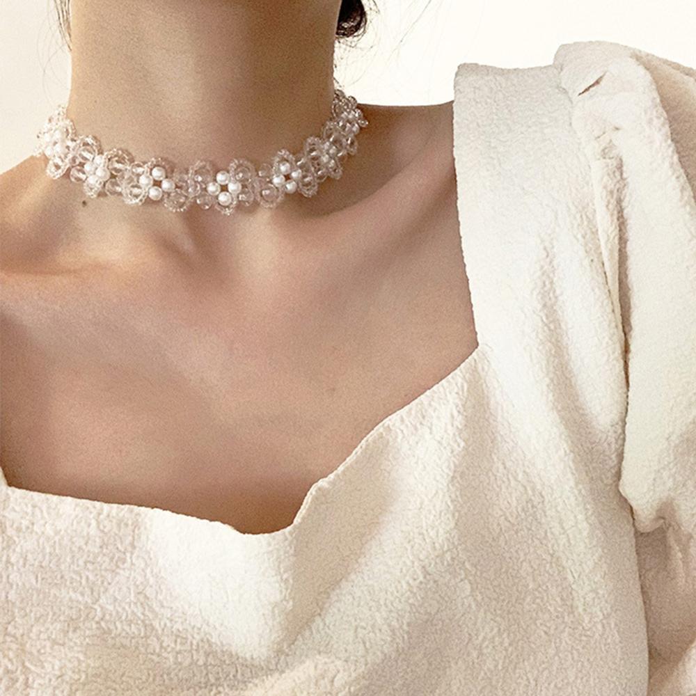 Handmade Summer Gothic handmade Clavicle Chain necklace white vintage lace Pearl Short choker necklace women jewelry