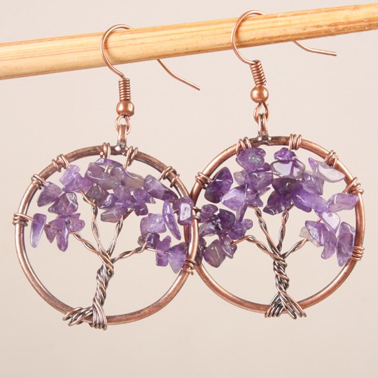 New Healing Chakra Tree Of Life Wire Wrapped Tumbled Stone Beads Round Dangle Drop Hook Earrings 1pair