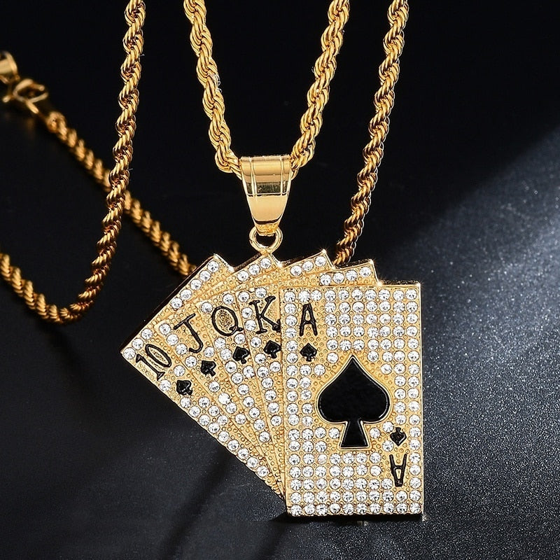 Hip Hop Zircon Playing Card Flush Straight Pendant Necklaces For Women Men's Golden Punk Necklace 2022 Trend Jewelry