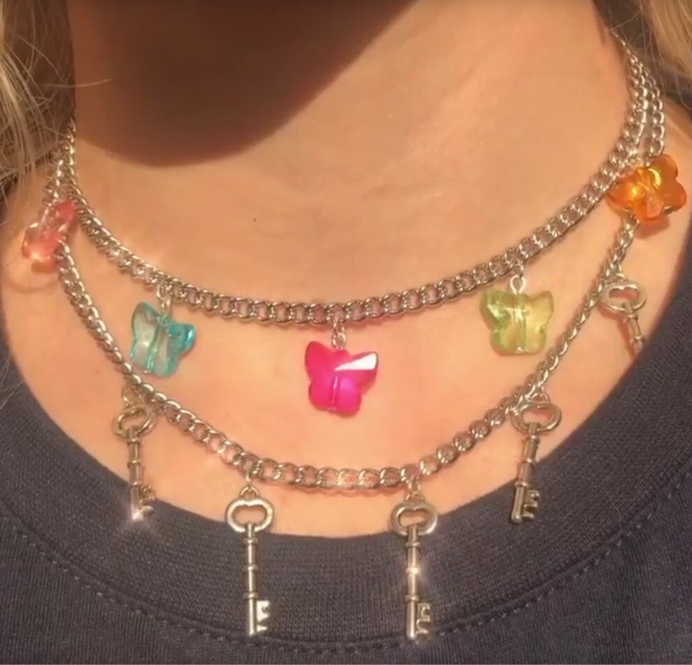 Hip-hop Punk Butterfly Key Pendant Necklace Harajuku Vintage Multiple Keys Necklaces For Women Men Jewelry