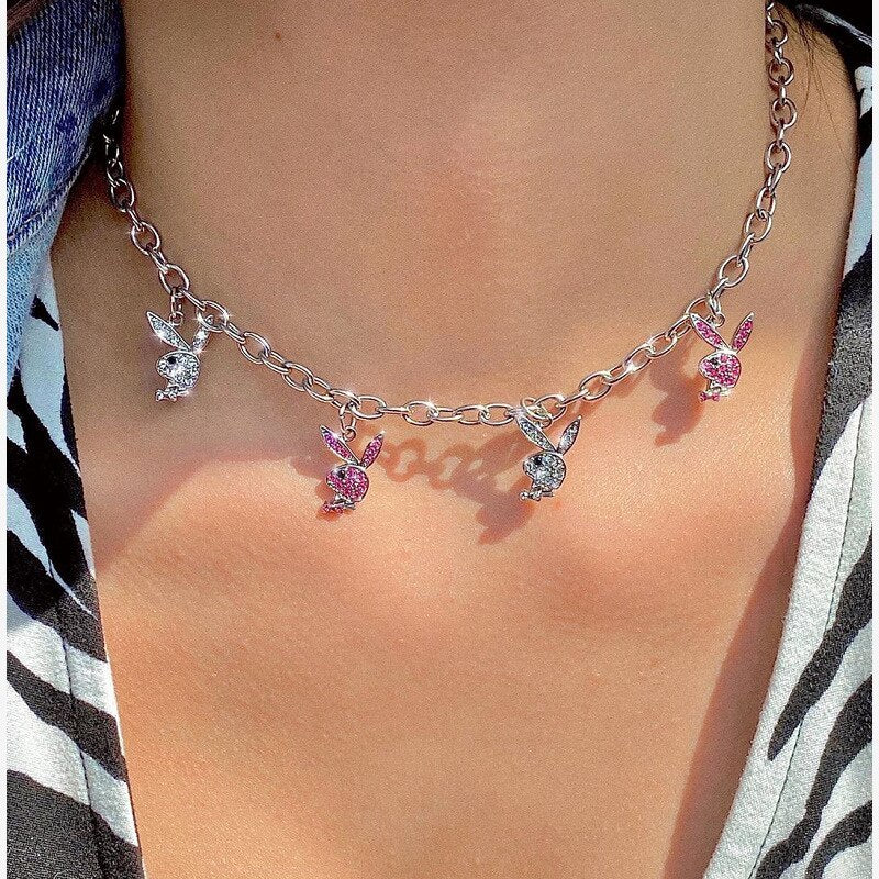 Hip-hop Stainless Steel Necklaces Twist Clavicle Chain Rhinestone Rabbit Necklace Choker for Women Jewelry