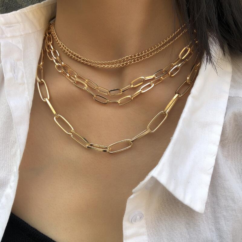 Hiphop Multi Layer Chain Necklace Gold Punk Choker Necklace for Women Statement Chain Decoration on the Neck Gifts