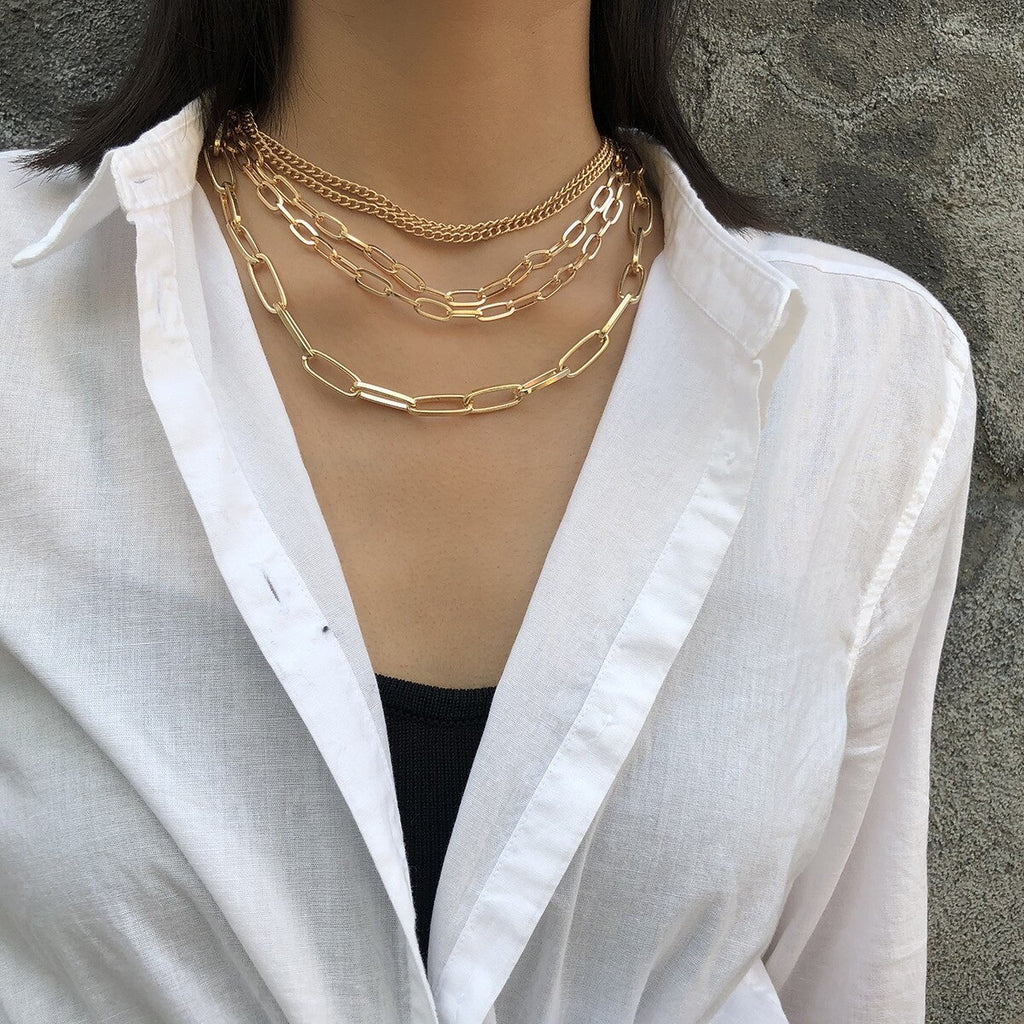 Hiphop Multi Layer Chain Necklace Gold Punk Choker Necklace for Women Statement Chain Decoration on the Neck Gifts