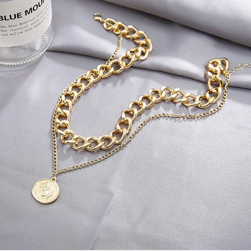 Hiphop Necklace Multi Chains Chokers Necklaces for Women Punk Jewelry Vintage Metal Head Coin Pendant Necklace Chunky