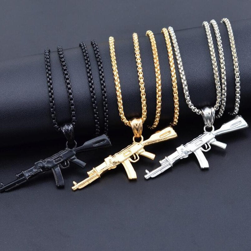 Hiphop Punk Gun Necklace Pendant Male 4Size Chain Hip Hop Jewelry Men Stainless Steel/Black/Gold Color Bijoux AK47 Necklace