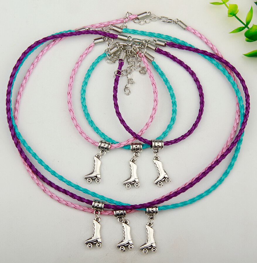 New Hot 10Set/Lot Ancient Silver Roller Skates Pendant Multi Leather Rope Necklace Bracelet Sets Women Jewelry Holid Gift H167