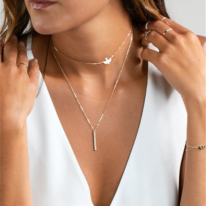 New Hot Double layer Peace Pigeon Necklace Simple Cute Animal Bird Necklace for Women Small Dove Choker Necklace Jewelry Gift