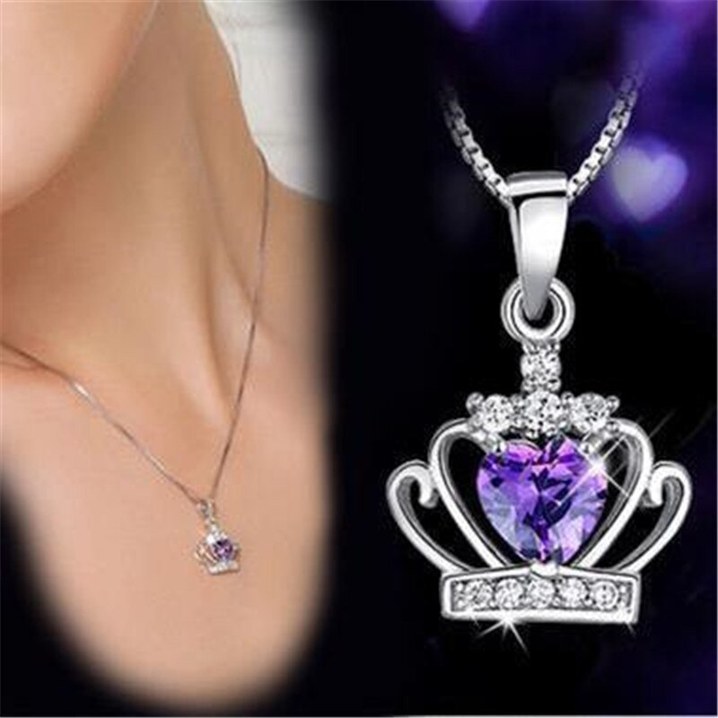 Classic Royal Purple Crown Shape Pendant Necklace With Crystal Women Silver Color Necklaces Wedding Jewelry