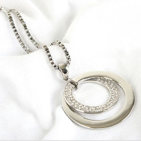 New Hot Fashion Women's Chunky Silver Plated Crystal Rhinestone Long Chain Double Circle Pendant Charm Sweater Chain Necklace