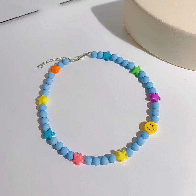 INS Korean Colorful Resin Acrylic Frosted Beads Star Smiley Handmade Choker Necklace For Women Girls Party Accessories Gift