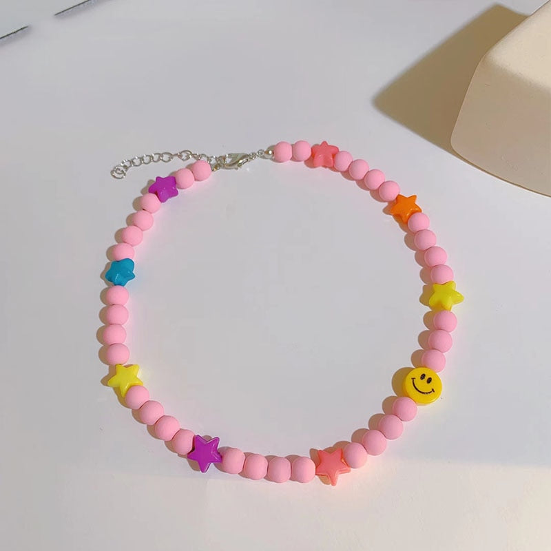 INS Korean Colorful Resin Acrylic Frosted Beads Star Smiley Handmade Choker Necklace For Women Girls Party Accessories Gift