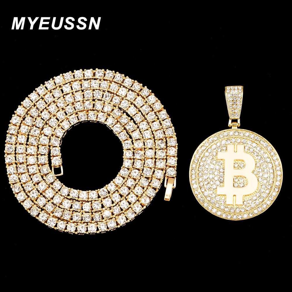 Iced Out Bitcoin Pendant Necklace With 4mm Tennis Chain Iced Out Bling Chain Necklace For Men Rhinestone Cuban Link Chain