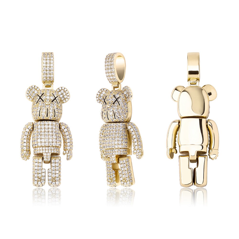 Iced Out Cartoon Bear Doll Pendant Claw Setting CZ Stone Bling Pendant Hip Hop Jewelry for Women Men Rapper Gift
